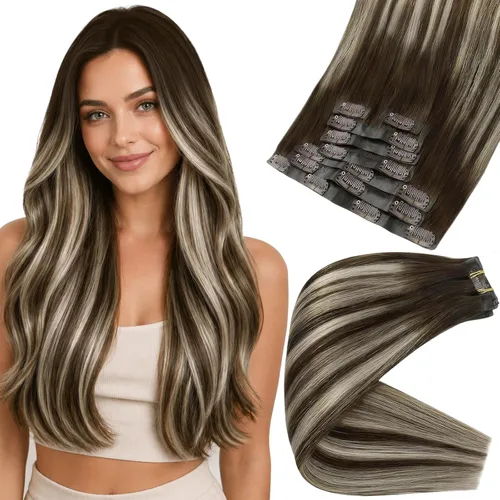 Vista 41 de Full Shine Extensiones de Cabello Rubio con Clip Reflejos Cabello Humano Extensiones con Clip Rubio Ceniza Mezcla Rubio Decolorado PU Extensiones