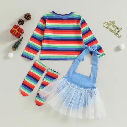 Vista 4 de Conjunto de camiseta de manga larga a rayas y pantalones con tirantes para niños pequeños