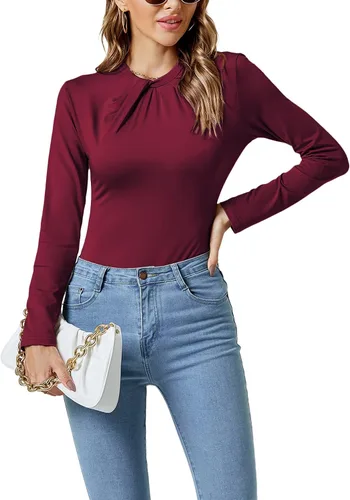 Vista 5 de LYANER Leotardo básico plisado de manga larga con cuello fruncido para mujer