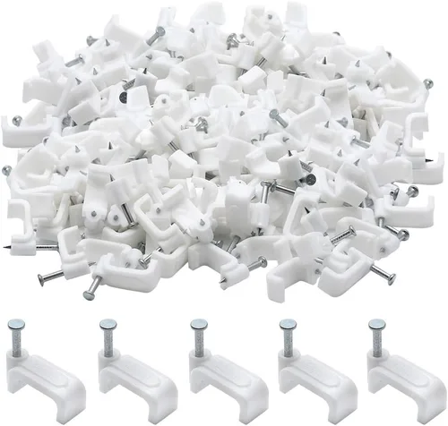 Vista 9 de Clips de alambre de cable Ethernet plano con clavo, 0.551 in, blanco, 100 unidades Abrazaderas de cable coaxiales individuales, gestión de cables