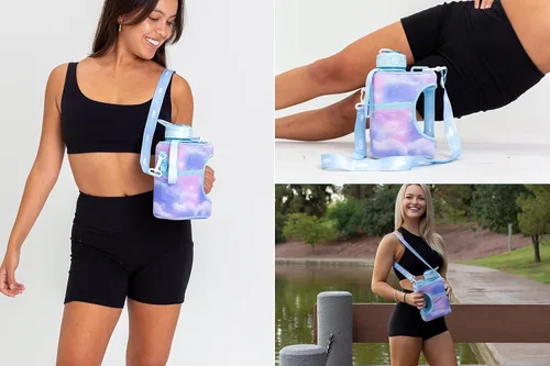 Vista 5 de H2O Capsule Paquete económico de botella de agua cuadrada de medio galón, botella de agua de 2.2 L con correa, 2 fundas, tapa con popote cubierta