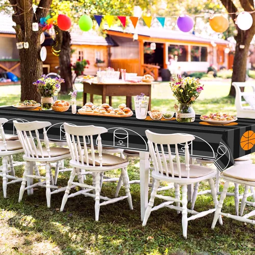Vista 7 de Mixweer 2 piezas de mantel de plástico para baloncesto, decoraciones de fiesta de cumpleaños, 137 x 274 cm, mantel rectangular de campo