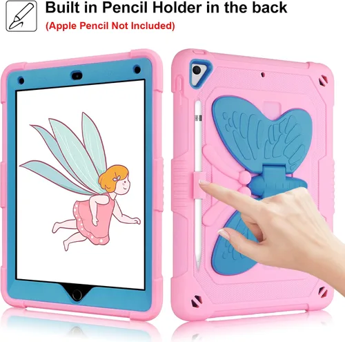 Vista 5 de VOFUOE Funda para iPad de 6ª/5ª generación con protector de pantalla para iPad 9.7, 2018 2017, correa de soporte de mariposa, muñecos, portalápices