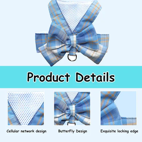 Vista 3 de Conjunto de Vestido a Cuadros para Perro con Corbata de Moño, Arnés y Correa, Ropa para Perro Vestido con Arnés con Anilla para Correa para Perras