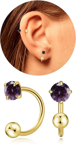 Vista 28 de Pequeños aretes de piedra natal natural de 0.118 pulgadas para mujeres, adolescentes y niñas, pequeños aretes de medio aro para cartílago