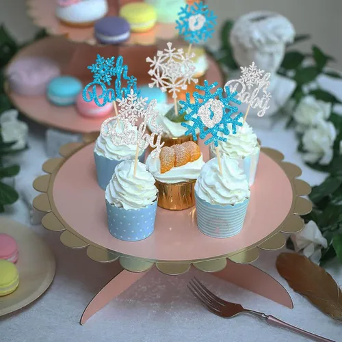 Vista 7 de Gyufise 24 piezas de copos de nieve Oh Baby Cupcake Toppers Glitter Winter Frozen Baby Shower Cupcake Picks para invierno, país de las maravillas