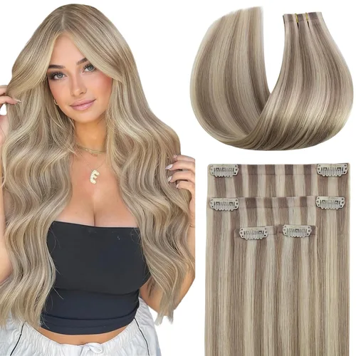 Vista 46 de Full Shine Extensiones de Cabello Rubio con Clip Reflejos Cabello Humano Extensiones con Clip Rubio Ceniza Mezcla Rubio Decolorado PU Extensiones