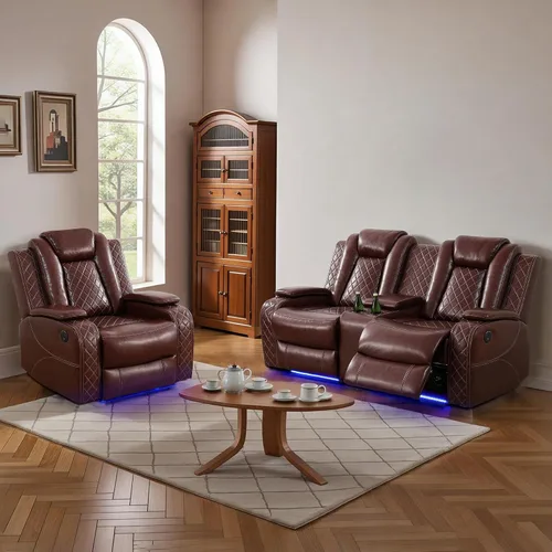 Vista 22 de Juego de sofá reclinable eléctrico para sala de estar, juego de sofá reclinable de cuero con luz LED, soporte para tazas, almacenamiento de consola