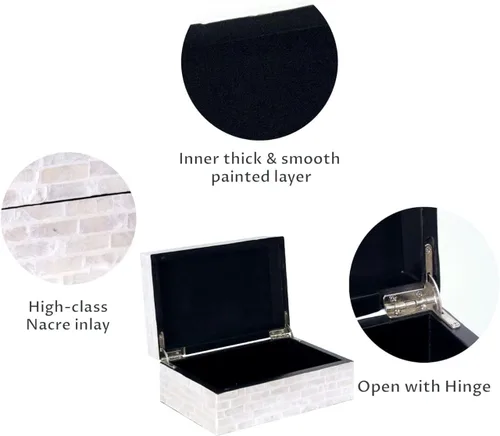 Vista 3 de PEMAR Caja de Joyería de Concha Capiz con Tapas Cofre del Tesoro Rectangular para Recuerdos, Caja de Almacenamiento Decorativa de Madera Nácar