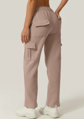 Vista 2 de QINSEN Pantalones deportivos holgados de cintura media para mujer, pantalones largos de forro polar con bolsillos