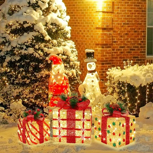 Vista 3 de LAMPHOME Cajas iluminadas de Navidad, juego de 3 70 luces LED para decoración al aire libre, cajas de Navidad iluminadas, decoración de regalo