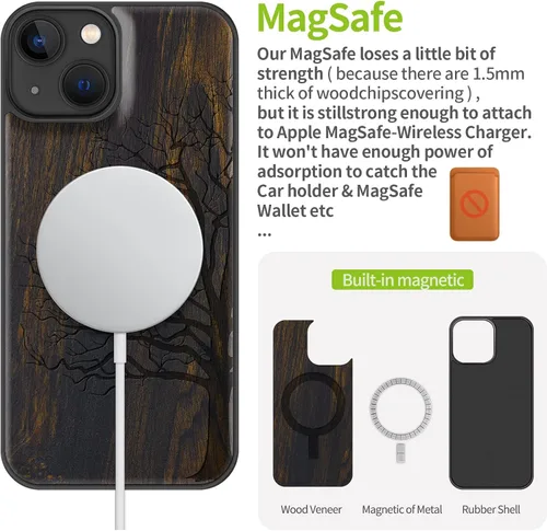 Vista 5 de Carveit Funda magnética de madera para iPhone 13 [madera real dura y TPU suave] Funda protectora híbrida de madera única y elegante a prueba