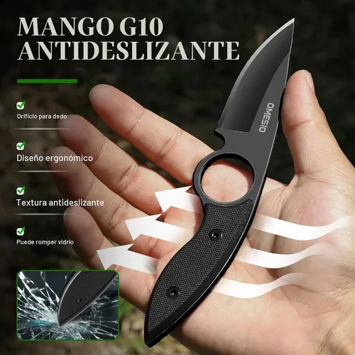 Vista 3 de Omesio Cuchillo pequeño de hoja fija, cuchillo táctico de caza y campamento con funda Kydex, acero inoxidable de espiga completa compacto EDC