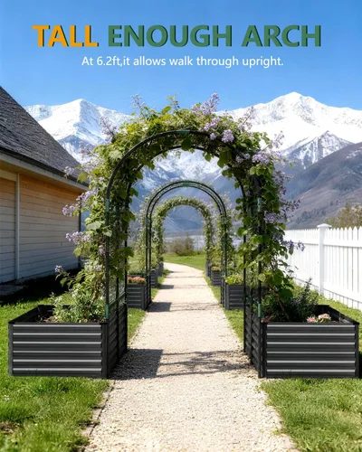 Vista 3 de Cama de jardín elevada con enrejado de arco para plantas trepadoras, cama de jardín elevada galvanizada, jardineras al aire libre para verduras