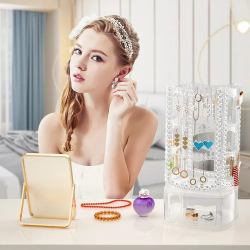 Vista 2 de Famitree Soporte giratorio de 360 aretes y organizador de joyas, 4 niveles, soporte clásico, 156 agujeros y 160 ranuras para mujeres y niñas