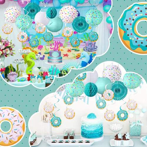 Vista 5 de Hortsun 19 piezas de decoración de fiesta de cumpleaños con forma de dona, faroles colgantes con temática de donas, decoración de papel