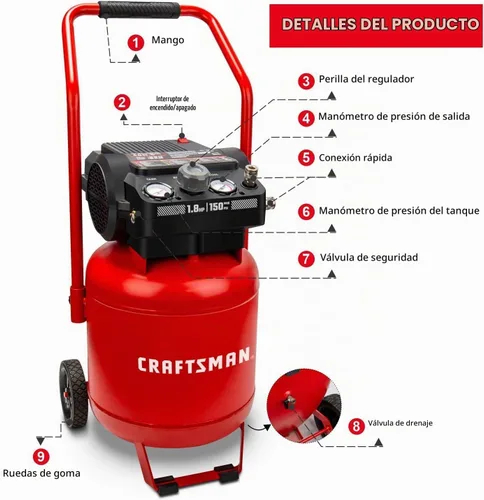 Vista 4 de CRAFTSMAN Compresor de aire de 10 galones, pico de 1.8 HP, presión máxima de 150 PSI, compresor de aire portátil sin aceite con rueda, compresor