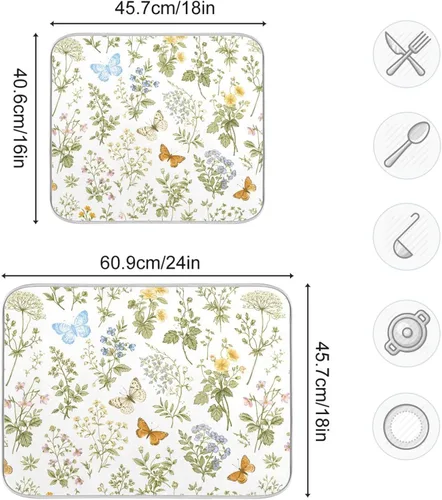 Vista 3 de Tapete de secado de platos con flores botánicas y mariposas para encimera de cocina, absorbente, almohadilla de secado de microfibra, grande 18x24