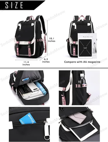 Vista 4 de SodaMeow Mochila Anime Demon Mochila Nezuko Mochila Slayer Bolsa Kimetsu no Yaiba con puerto de carga USB, llavero gratis, Rosa-sabito, Casual