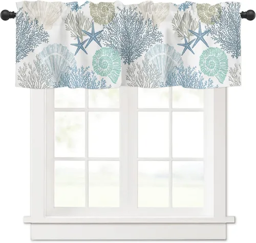 Vista 29 de Cenefa de amarre para ventanas, cortinas náuticas costeras de coral, cenefas con bolsillo para barra, cortinas de ventana con temática de playa