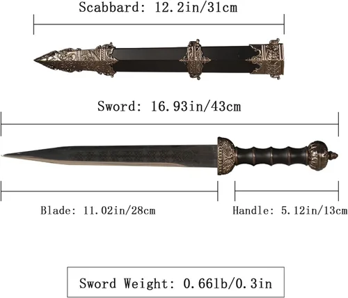 Vista 2 de Espada decorativa de Gladius romano de 17 pulgadas con grabado celta medieval Metal para Diaplay, colección, regalo, decoración del hogar, borde