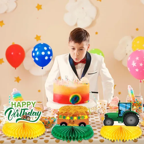Vista 7 de Zonon 6 piezas de decoración de cumpleaños de tractor, centro de mesa de panal de abeja, suministros de fiesta, decoración de granja para tractores