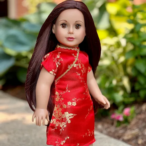 Vista 7 de Asian Beauty - Vestido tradicional asiático rojo y dorado con zapatos rojos, ropa para muñecas de 18 pulgadas (toll no incluido) Vestido