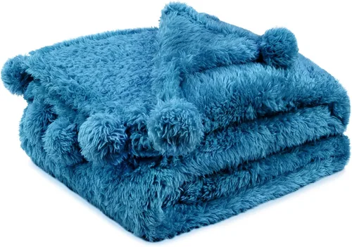 Vista 14 de PAVILIA Manta de sherpa negra para sofá, cálida manta de felpa con pompones, manta mullida para sofá, ligera, suave y acogedora con pompones, 50 x