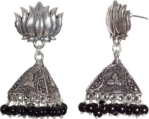 Vista 2 de DESI HAWKER Pendientes de plata oxidada Bali Jhumki Jhumka joyería Bollywood gota colgante pirámide lámpara de araña Lotus NI-18