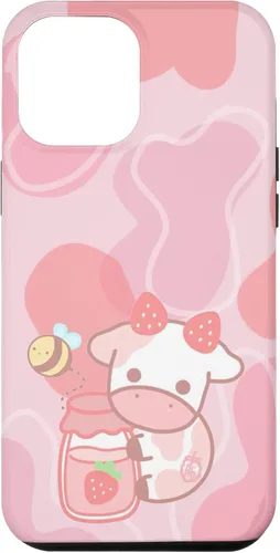 Vista 25 de Funda Kawaii para iPhone 12, diseño de vaca fresa, color rosa
