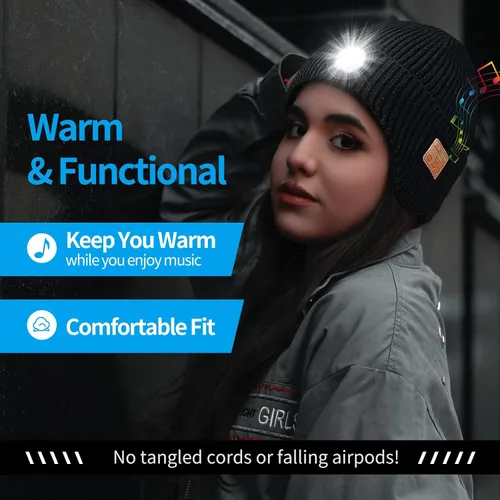 Vista 2 de Bluetooth Beanie with Light, HD Stereo Sound and Built-in Super Bright LED, Cool Gadgets Unique Tech Gifts for Men