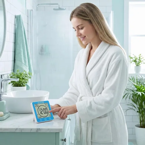 Vista 4 de Reloj de ducha digital, reloj temporizador de baño, resistente al agua para rociar agua, alarma de cuenta regresiva, temporizador de pantalla