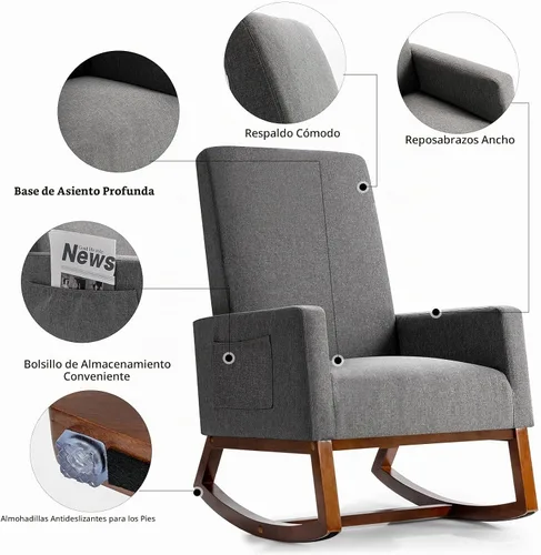 Vista 5 de Giantex Mecedora tapizada, sillón moderno de tela con base de madera, bolsillo lateral, asiento acolchado de lino, silla mecedora con respaldo alto