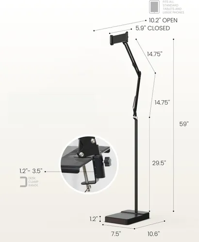 Vista 5 de Soporte de suelo 2 en 1 para tablet con soporte para tablet para escritorio, base estable de 8 libras con brazo elástico para cama, sofá