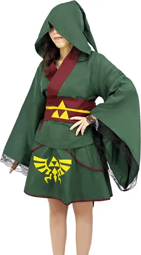 Vista 4 de Disfraz de anime para mujer diseño de kimono chaqueta con capucha falda corta conjunto de ropa verde S S