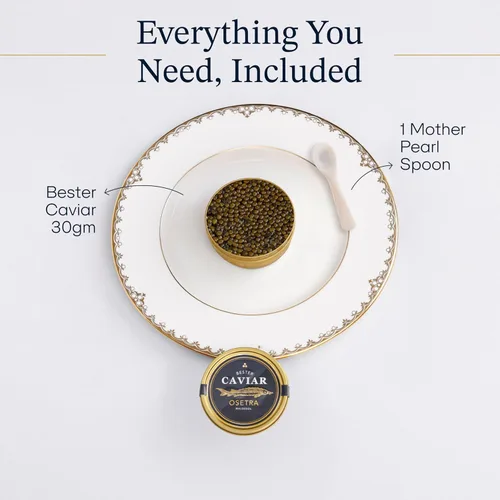 Vista 3 de BESTER CAVIAR Caviar de esturión Osetra prémium – Huevas negras de Malossol Ossetra cosechadas tradicionalmente con cuchara de nácar – Lata