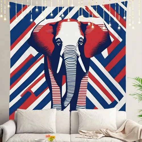 Vista 64 de Shrahala American Republican Elephant Tapestry, Red Navy Blue Striped Background Wall Hanging Hd Print Polyester Backdrop For Dorm Room Bedroom 30 X
