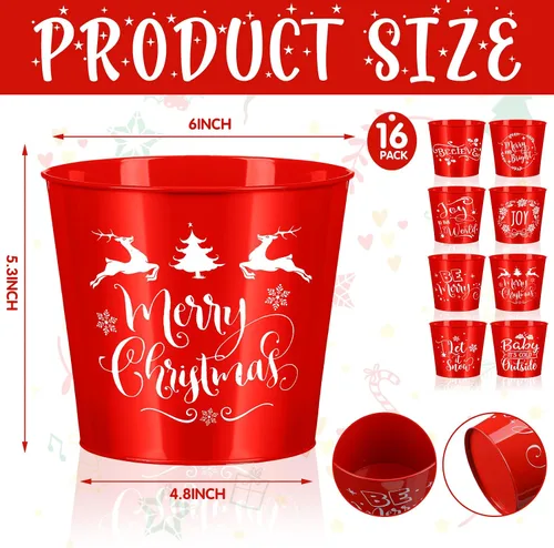 Vista 2 de Hoolerry 16 macetas de Navidad para jardinería, accesorios galvanizados, cubo de metal rojo de 6 pulgadas, macetas de flores galvanizadas