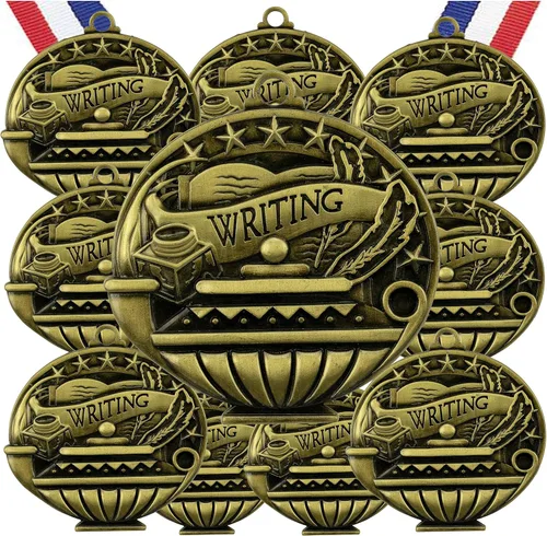 Vista 16 de Express Medals Pack of 10 (or More) Engraved Scholastic Academic Award Medals with RWB Neck Ribbons
