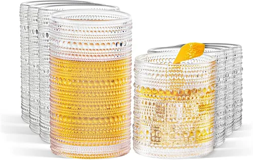 Vista 8 de Vasos altos vintage azules con reborde y pajitas, juego de 12 vasos de vidrio para cócteles, whisky, cerveza y jugo (15 onzas y 12 onzas)