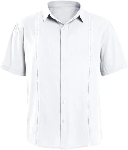 Vista 3 de Hestenve Camisa de manga corta para hombre, estilo guayabera, de lino, algodón, hippie, playa, con botones