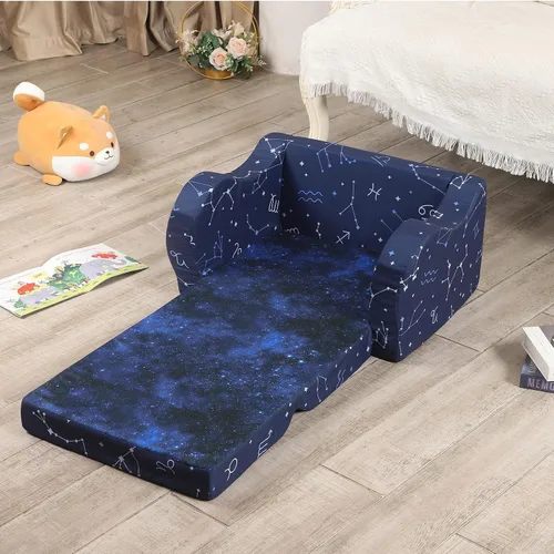 Vista 4 de MOMCAYWEX Sofá para niños, sofá de espuma abatible 2 en 1, silla plegable suave para juegos, azul