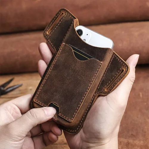 Vista 5 de Funda de cuero para teléfono para hombre, funda universal para cintura con agujero para cinturón