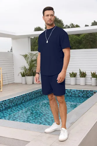 Vista 2 de Lexiart Conjunto de 2 piezas para hombre, chándal casual, pantalones cortos de verano, conjunto deportivo de manga corta de gran