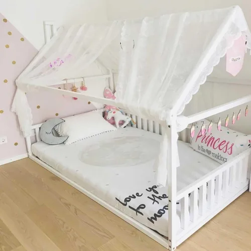 Vista 6 de Cama de casa Montessori para niños, Cama de piso para niños pequeños con rieles, Cama baja para niños pequeños, Cama de cabaña para niños, Cama