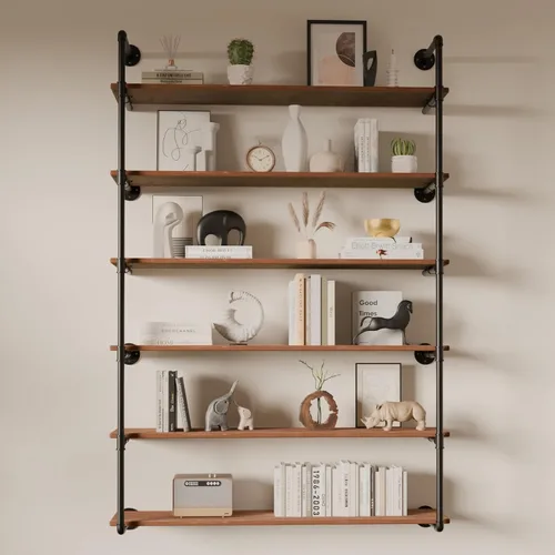 Vista 21 de Estante industrial de tubo de hierro de 5 niveles, estantería de tubo de 48 pulgadas con tablón de madera maciza, estantes abiertos para libros