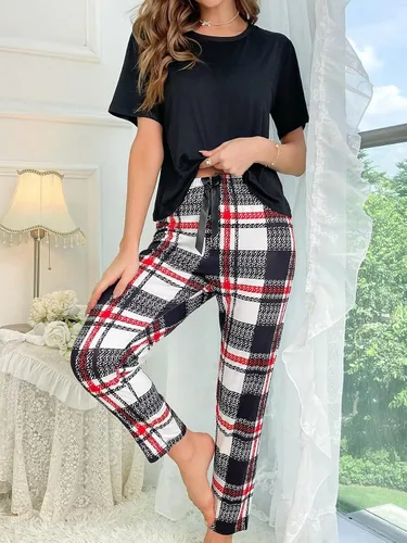 Vista 3 de Floerns Conjunto de pijama de 2 piezas para mujer, camiseta y pantalones con estampado a cuadros