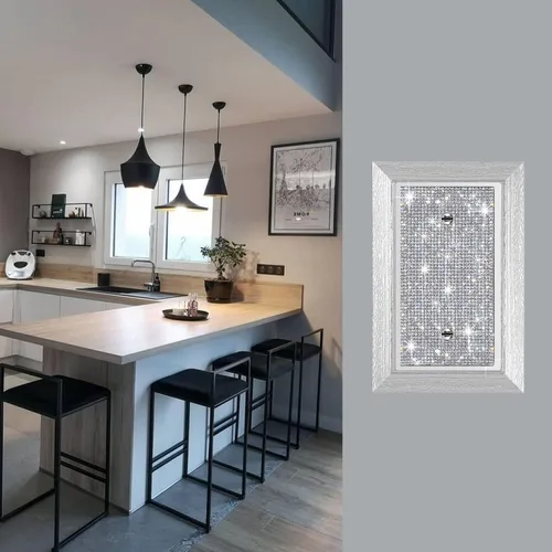 Vista 3 de Placa de pared con diamantes de imitación plateados brillantes plateados, placa de cubierta de interruptor de luz, cubierta de enchufe de grano