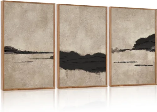 Vista 61 de Lienzo decorativo abstracto grande con marco naranja quemado, decoración de pared azul neutro y negro, arte moderno con pinceladas, impresión