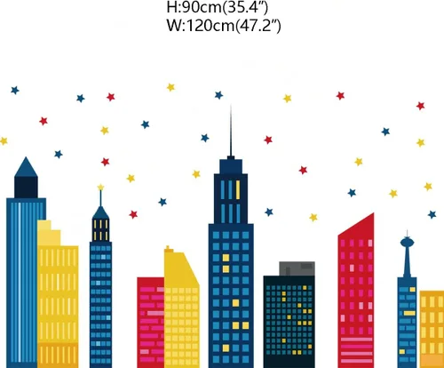Vista 4 de Runtoo Calcomanías de pared coloridas con diseño de horizonte de ciudad, diseño de estrellas, para dormitorio, cuarto de bebé, sala de estar